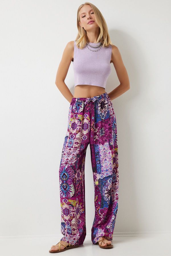 Happiness İstanbul Happiness İstanbul Women's Plum Ecru Patterned Draped Viscose Palazzo Trousers