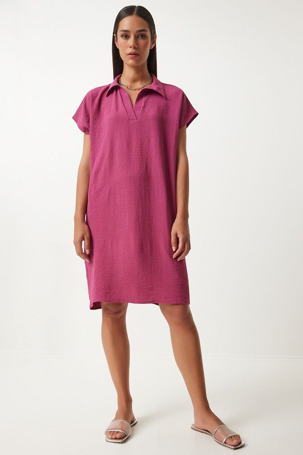 Happiness İstanbul Happiness İstanbul Women's Plum Polo Neck Summer Loose Linen Ayrobin Dress