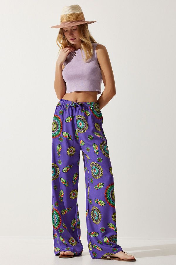 Happiness İstanbul Happiness İstanbul Women's Purple Patterned Flowing Viscose Palazzo Trousers