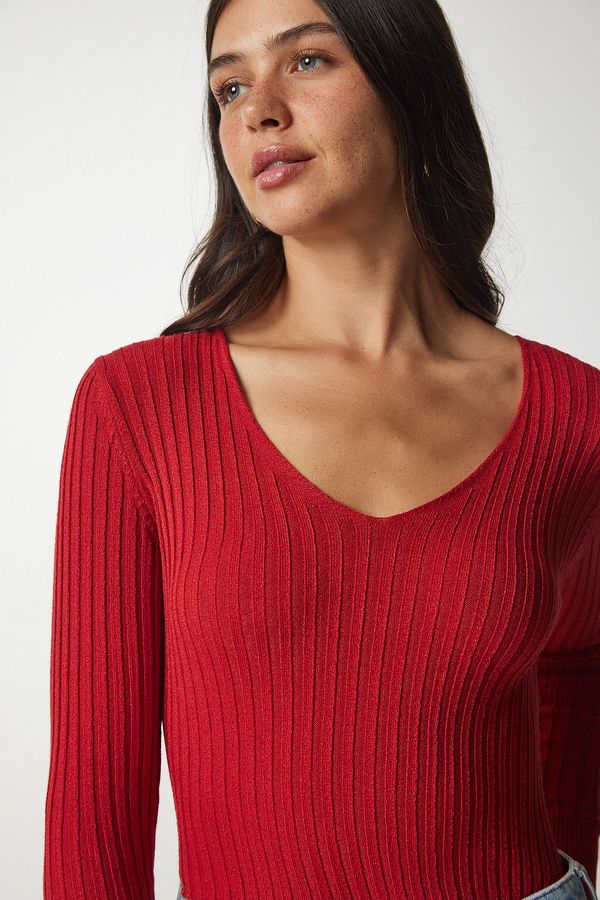 Happiness İstanbul Happiness İstanbul Women's Red Basic Corduroy V-neck Blouse