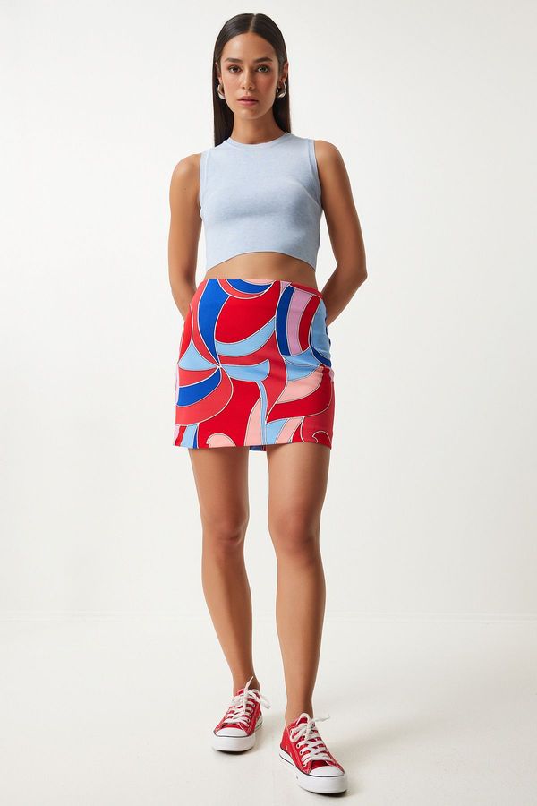 Happiness İstanbul Happiness İstanbul Women's Red Blue Patterned Mini Knitted Skirt