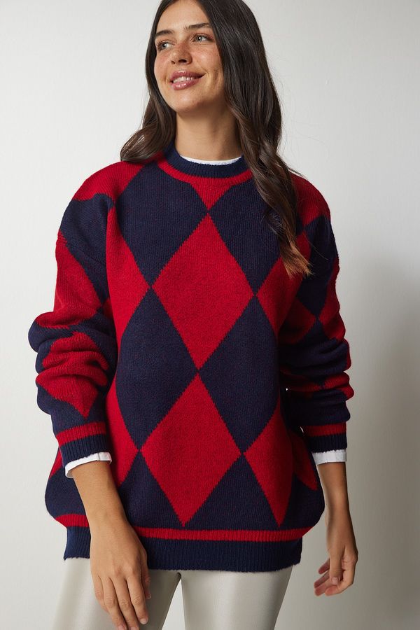Happiness İstanbul Happiness İstanbul Women's Red Diamond Pattern Oversized Knitwear Sweater