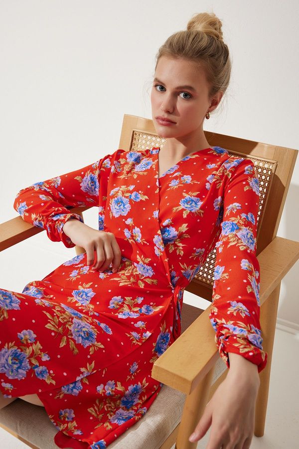 Happiness İstanbul Happiness İstanbul Women's Red Floral Mini Wrapped Chiffon Dress