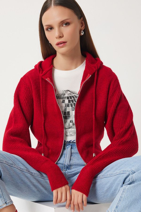 Happiness İstanbul Happiness İstanbul Women's Red Hooded Zippered Knitwear Cardigan