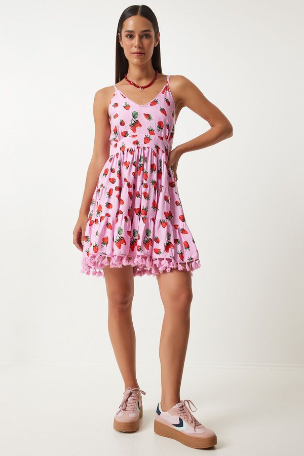 Happiness İstanbul Happiness İstanbul Women's Red Pink Patterned Strappy Summer Viscose Dress