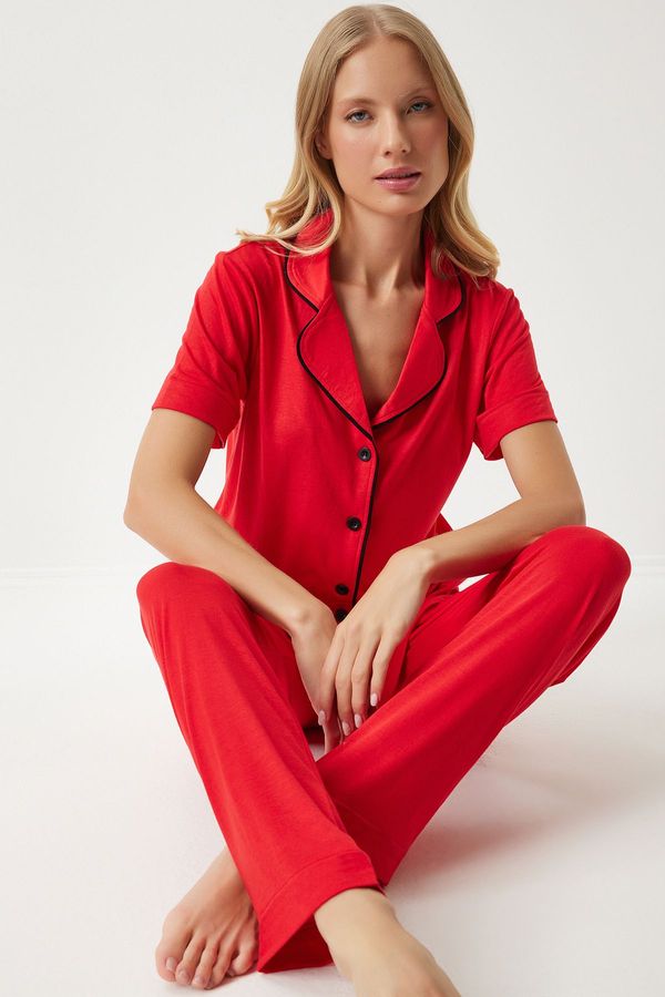 Happiness İstanbul Happiness İstanbul Women's Red Piping Detailed Shirt Trousers Pajama Set