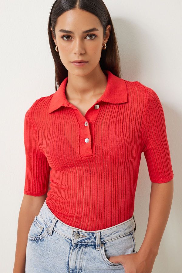 Happiness İstanbul Happiness İstanbul Women's Red Polo Neck Lightly Transparent Knitwear Blouse