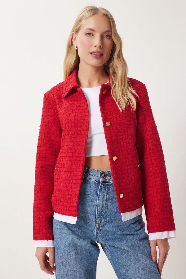Happiness İstanbul Happiness İstanbul Women's Red Shirt Collar Tweed Jacket