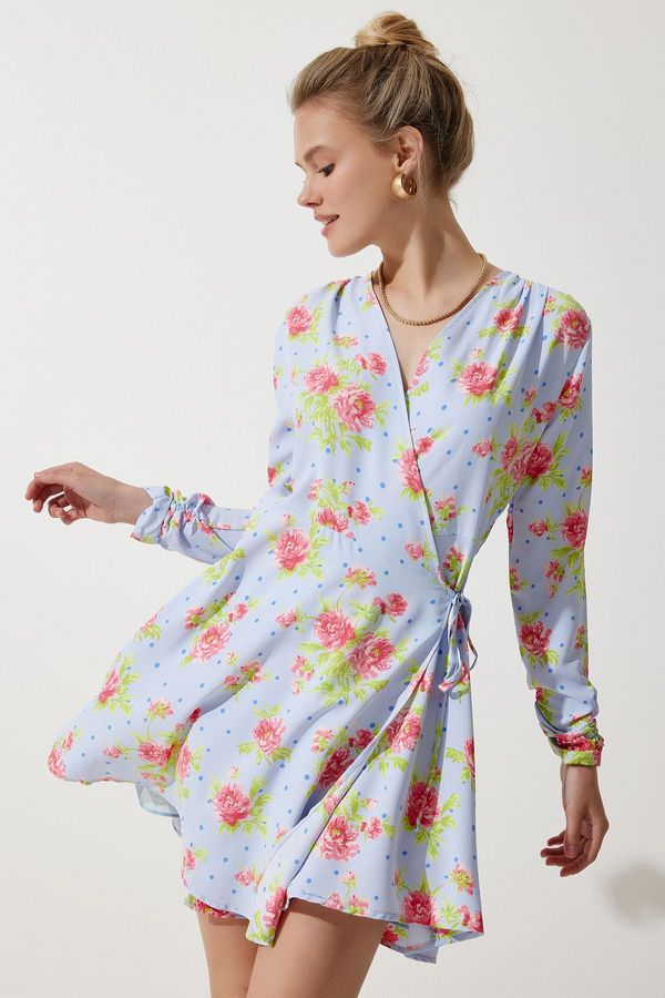Happiness İstanbul Happiness İstanbul Women's Sky Blue Floral Mini Wrap Chiffon Dress