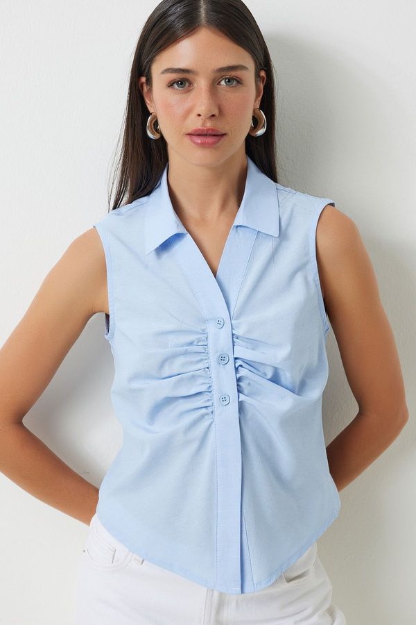 Happiness İstanbul Happiness İstanbul Women's Sky Blue Gathering Detailed Sleeveless Shirt