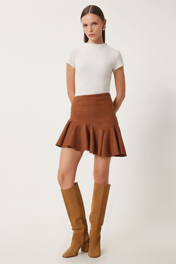 Happiness İstanbul Happiness İstanbul Women's Tan Flounce Asymmetrical Mini Suede Skirt