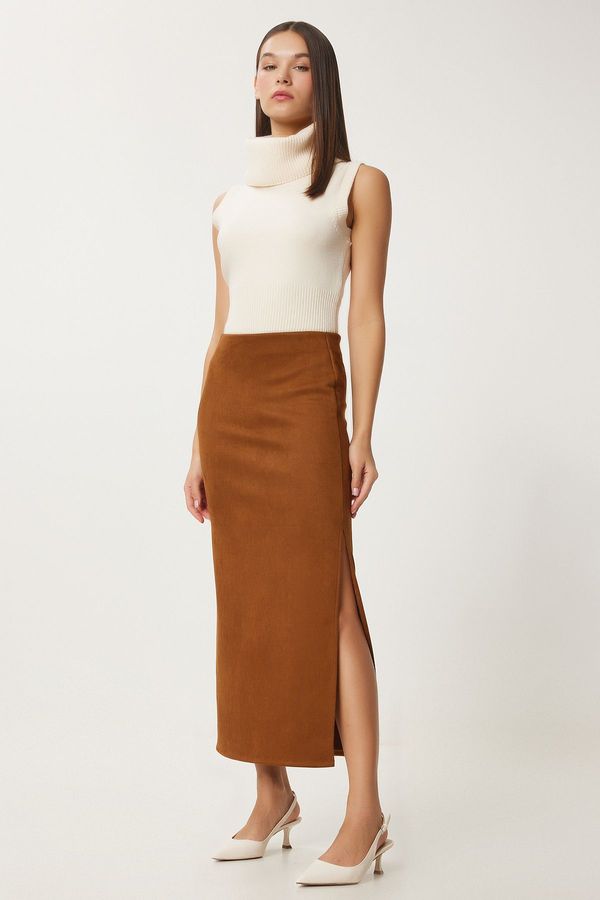 Happiness İstanbul Happiness İstanbul Women's Tan Slit Long Suede Skirt