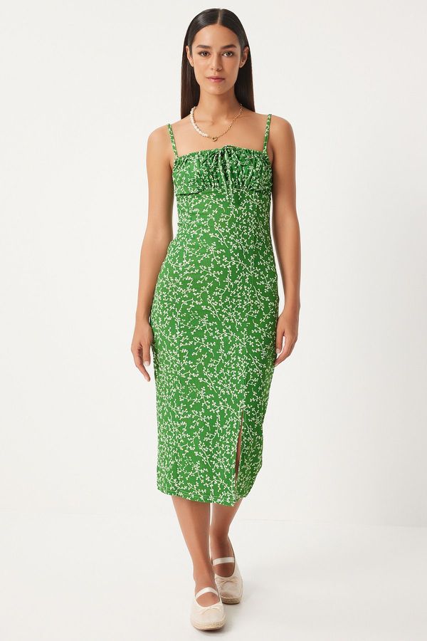 Happiness İstanbul Happiness İstanbul Women's Vivid Green and White Floral Slit Summer Knitted Dress