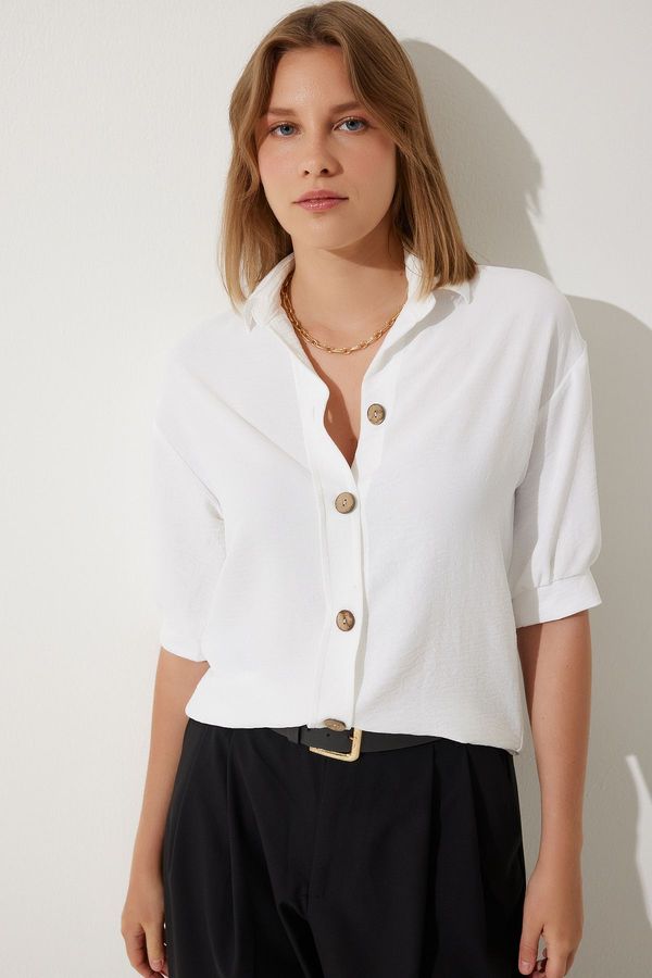 Happiness İstanbul Happiness İstanbul Women's White Balloon Sleeve Linen Ayrobin Shirt