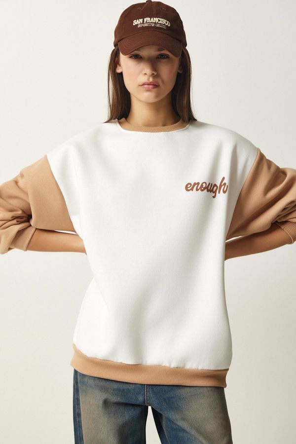 Happiness İstanbul Happiness İstanbul Women's White Biscuit Block Colored Raised Sweatshirt