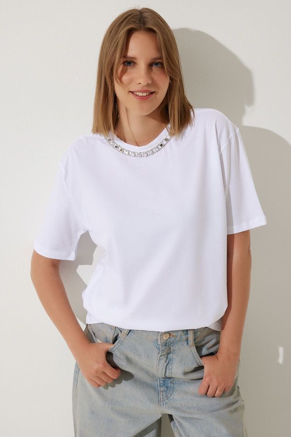 Happiness İstanbul Happiness İstanbul Women's White Collar Chain Necklace 100% Cotton Knitted T-Shirt