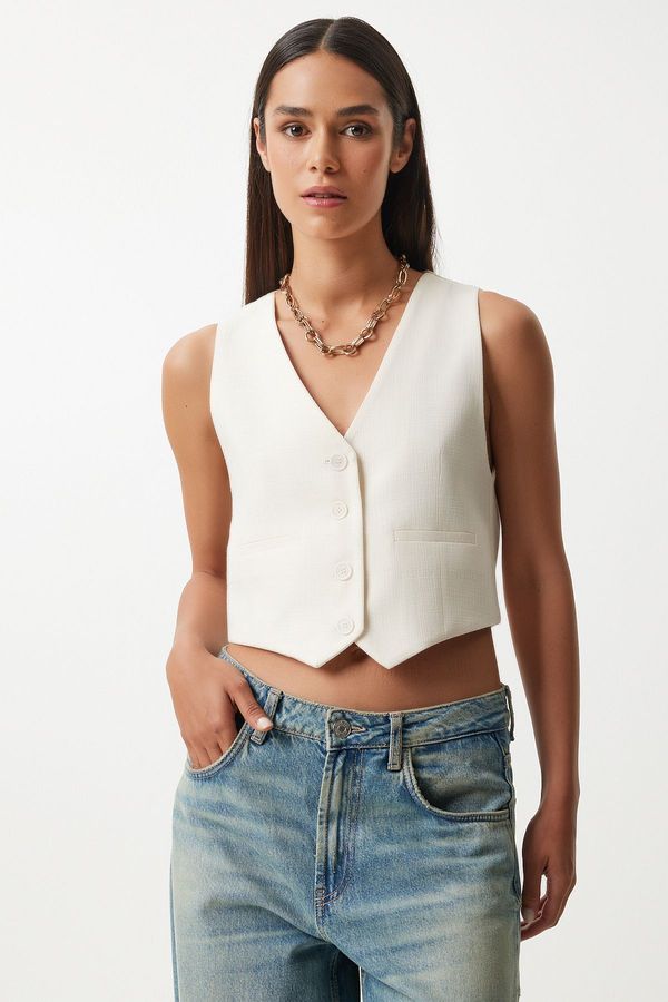 Happiness İstanbul Happiness İstanbul Women's White Linen Short Vest