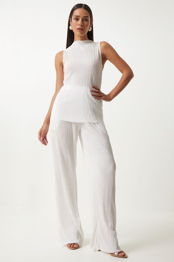 Happiness İstanbul Happiness İstanbul Women's White Pleated Sleeveless Knitted Blouse Palazzo Pants Set