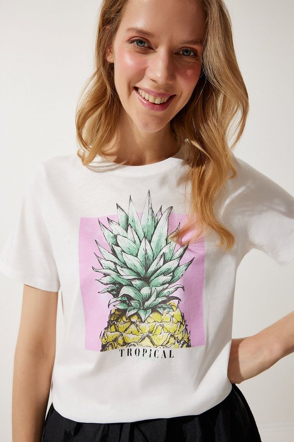 Happiness İstanbul Happiness İstanbul Women's White Printed 100% Cotton Knitted T-Shirt