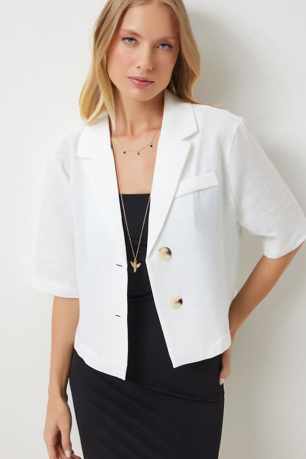 Happiness İstanbul Happiness İstanbul Women's White Shawl Collar Seasonal Linen Ayrobin Shirt Jacket