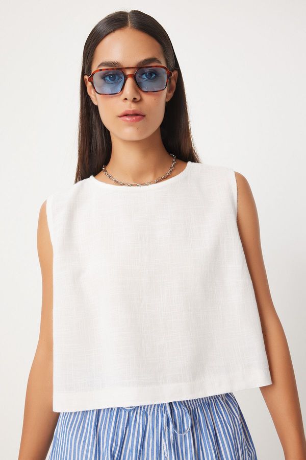 Happiness İstanbul Happiness İstanbul Women's White Sleeveless Linen Blouse