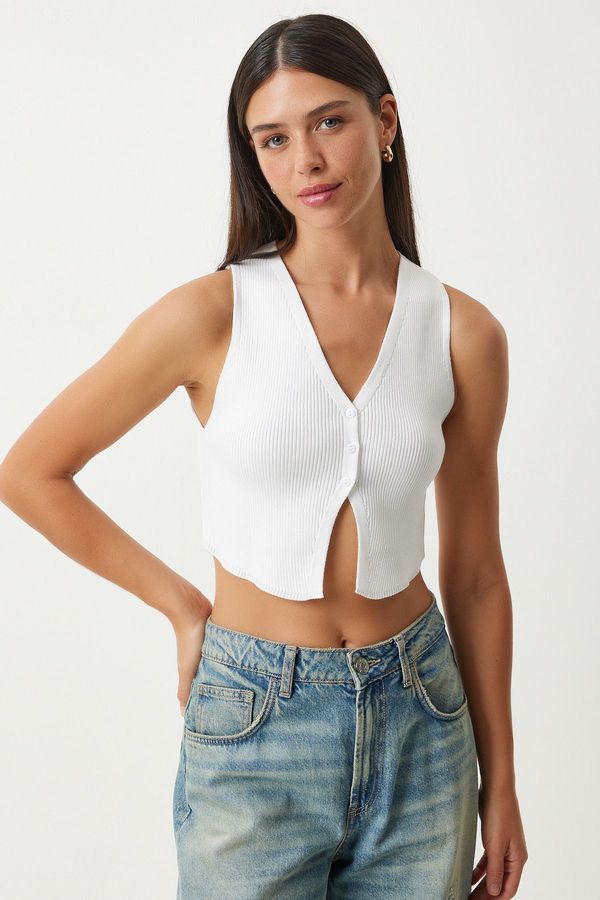 Happiness İstanbul Happiness İstanbul Women's White V-Neck Crop Knitwear Vest