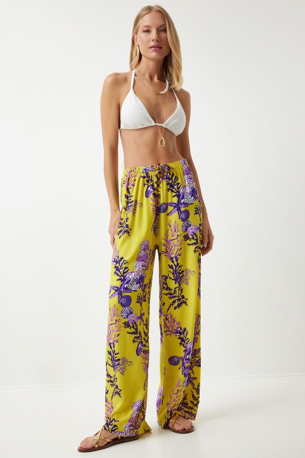 Happiness İstanbul Happiness İstanbul Women's Yellow Purple Patterned Flowy Viscose Palazzo Trousers