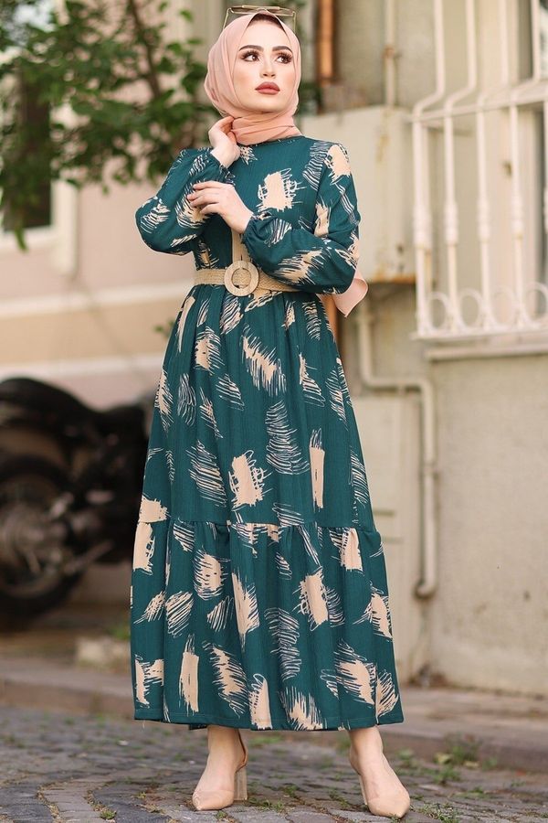 InStyle InStyle четка шарени хиджаб рокля с колан - бензиново зелено