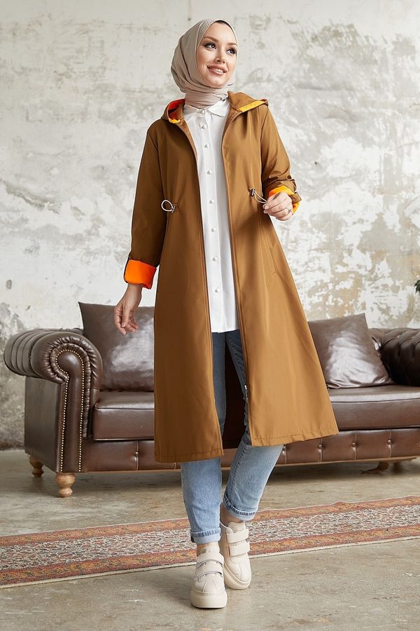 InStyle InStyle Drawstring Waist Hooded Neon Trench - Tan\Orange