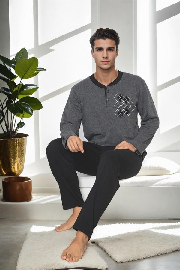 dewberry J3084 Dewberry Mens Two Thread Thick Long Sleeve Pyjama Set-GREY