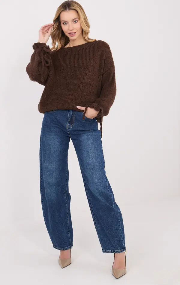 Italy Moda Кафяв пуловер с връзки на ръкавите
