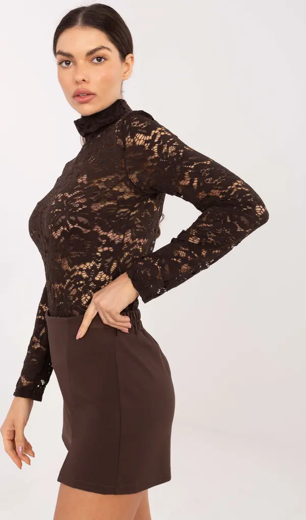Italy Moda Кафява дантелена блуза с дълъг ръкав