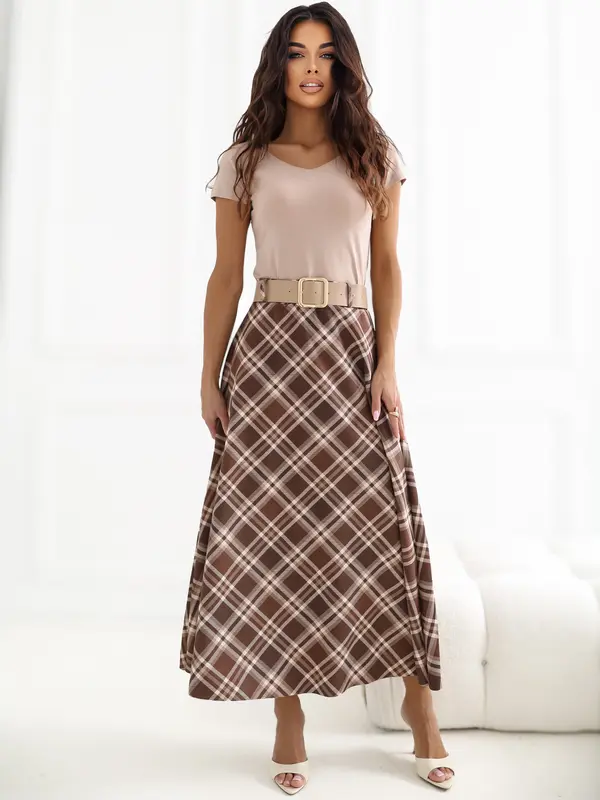 Italy Moda Кафява разкроена пола с кариран десен