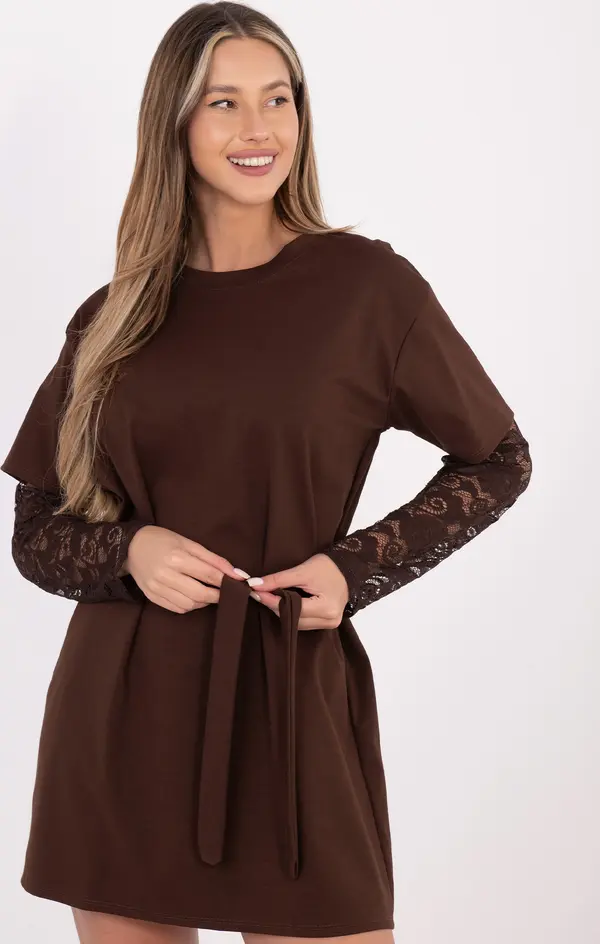 Italy Moda Кафява рокля с дантелени ръкави