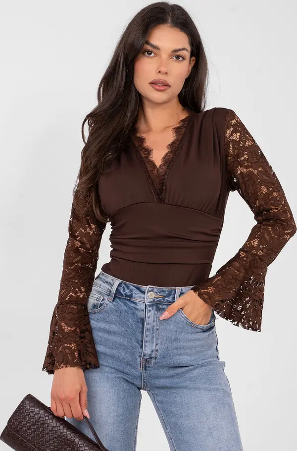 Italy Moda Кафяво дантелено боди с дълги ръкави