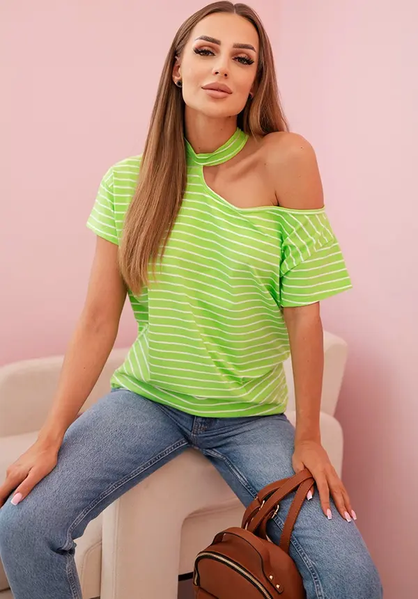 Kesi Kesi One-shoulder striped cotton women's blouse with a choker green