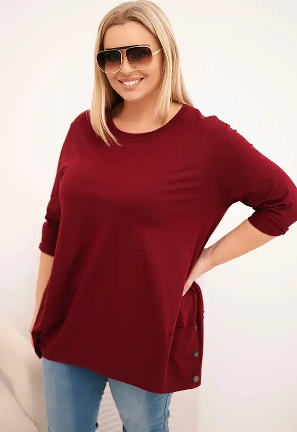 Kesi Kesi Plus Size women's cotton blouse with decorative buttons and rolled-up sleeves burgundy