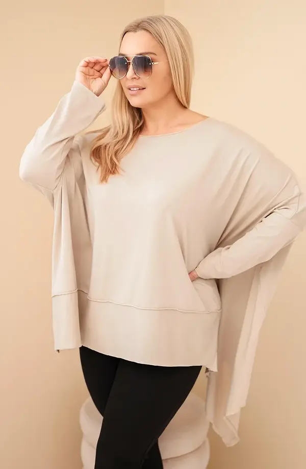 Kesi Włoski Kesi Plus Size women's cotton tunic with asymmetrical hem beige