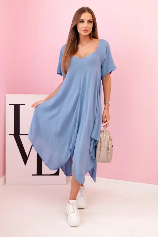 Kesi Włoski Kesi Włoski Damenkleid aus Viskose mit kurzen Ärmeln und ausgestelltem Saum denim