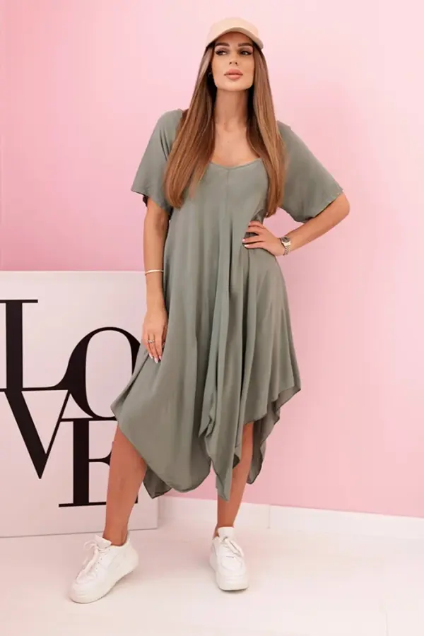 Kesi Włoski Kesi Włoski Damenkleid aus Viskose mit kurzen Ärmeln und ausgestelltem Saum khaki