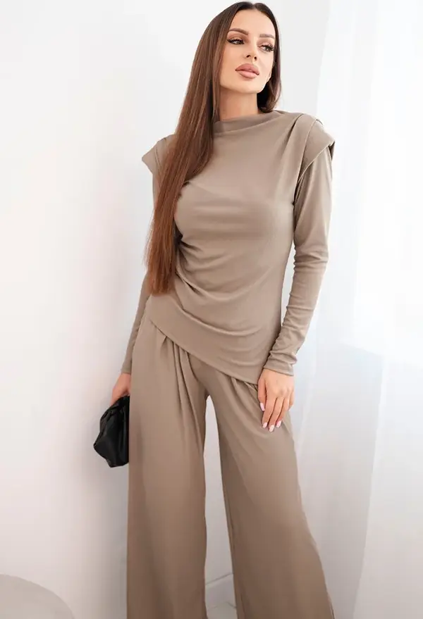 Kesi Włoski Kesi Włoski Ladies' cotton set with a blouse and wide-leg pants fango