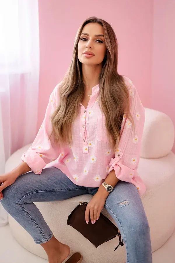 Kesi Włoski Kesi Włoski Linen Women's Blouse with Floral Pattern, Long Sleeves, and Buttons Candy Pink