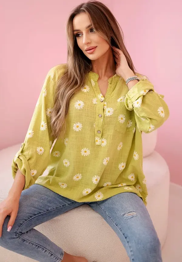 Kesi Włoski Kesi Włoski Linen Women's Blouse with Floral Pattern, Long Sleeves, and Buttons kiwi
