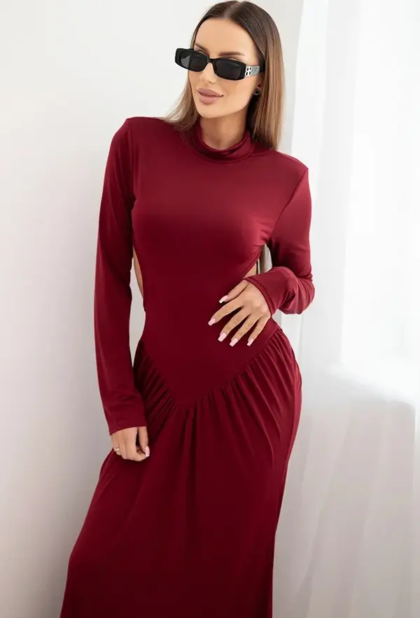 Kesi Włoski Kesi Włoski Long women's dress with viscose, turtleneck and open back, burgundy
