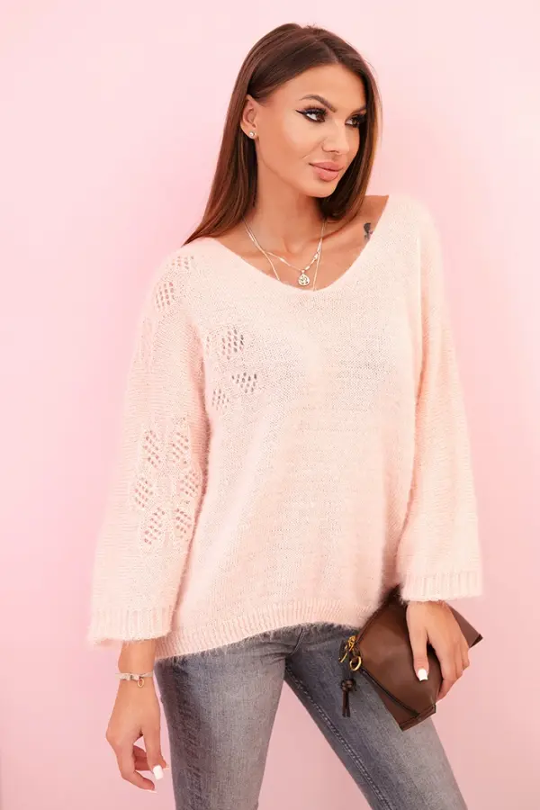 Kesi Włoski Kesi Włoski Loose-fitting women's mohair sweater with a V-neck powder pink