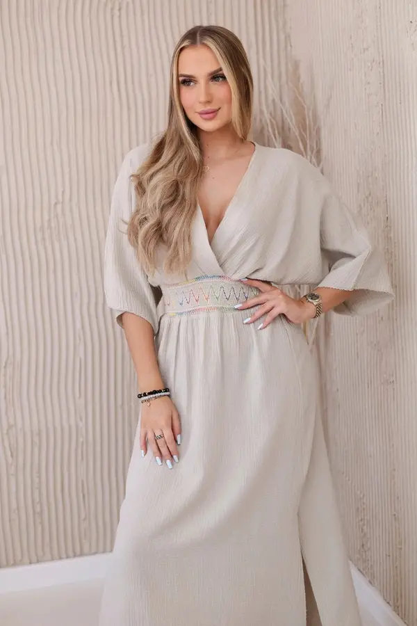 Kesi Włoski Kesi Włoski Muslin dress with embroidery at the waist light beige