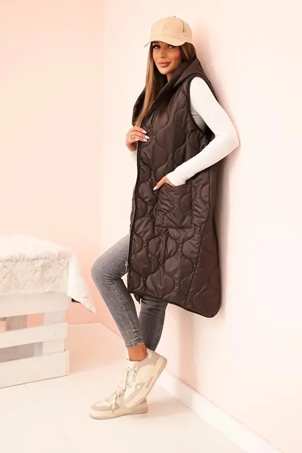 Kesi Włoski Kesi Włoski Plus Size women's quilted vest with a hood fastened with a zipper mocha