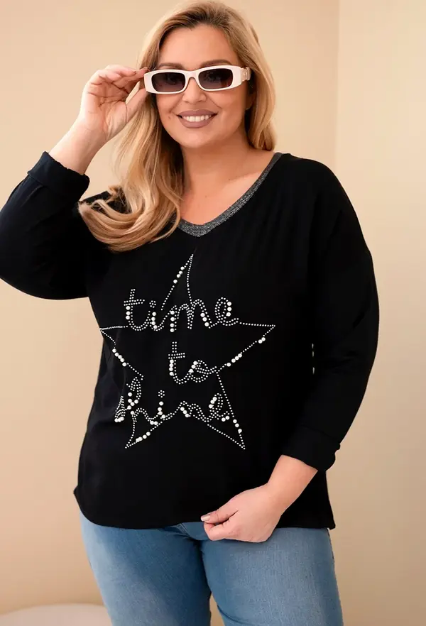 Kesi Włoski Kesi Włoski Plus Size women's blouse distressed with print and pearls black