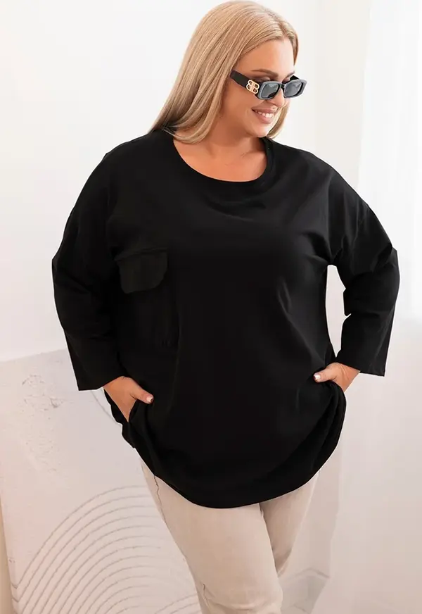 Kesi Włoski Kesi Włoski Plus Size women's blouse with cotton, featuring a pocket and rolled-up sleeves black