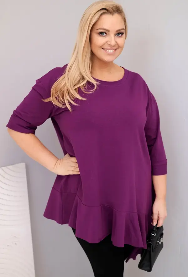 Kesi Włoski Kesi Włoski Plus Size women's blouse with cotton, featuring ruffles and rolled sleeves dark purple